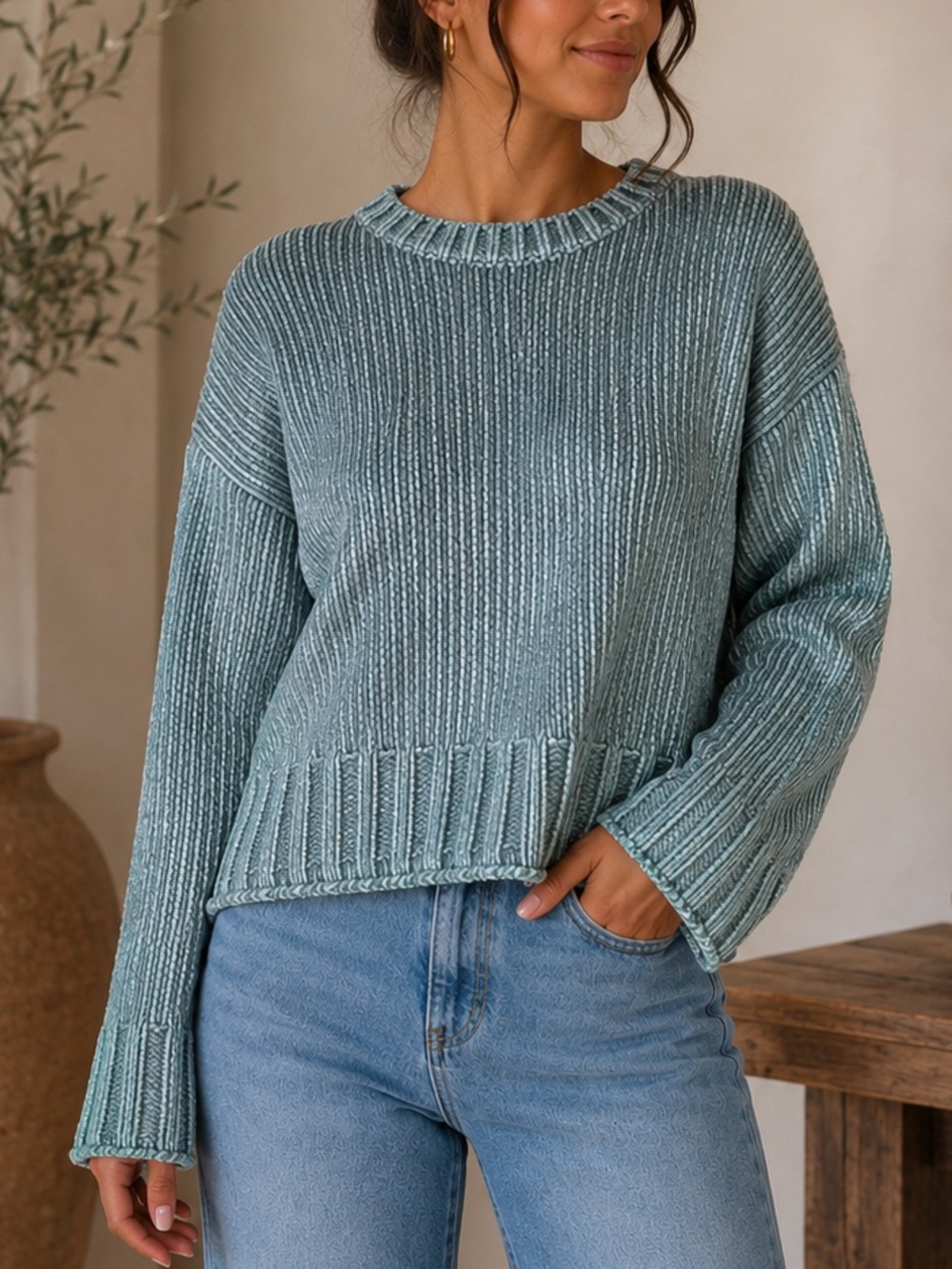Oversized Teal Gray Blue Sweater - Medium